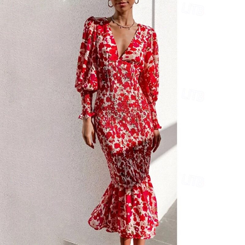 Women's Midi Dress Bodycon Floral Dress Print Dress Fashion Modern Outdoor Vacation Holiday Regular Fit Flower Long Sleeve V Neck Red Green Khaki Summer2