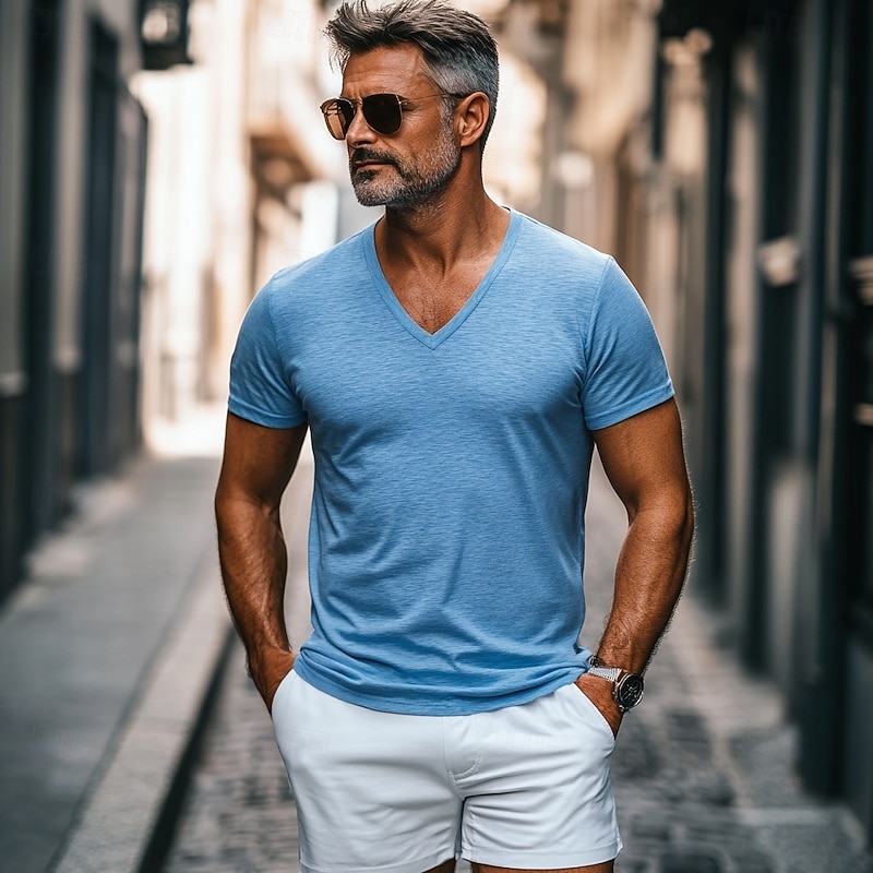 Men's T Shirt Tee Top Bamboo T-shirt Short Sleeve Short Sleeves V Neck Summer Solid Color Plain Fashion Designer Basic V Neck Vacation Street Casual Blue Top Tee for Men2