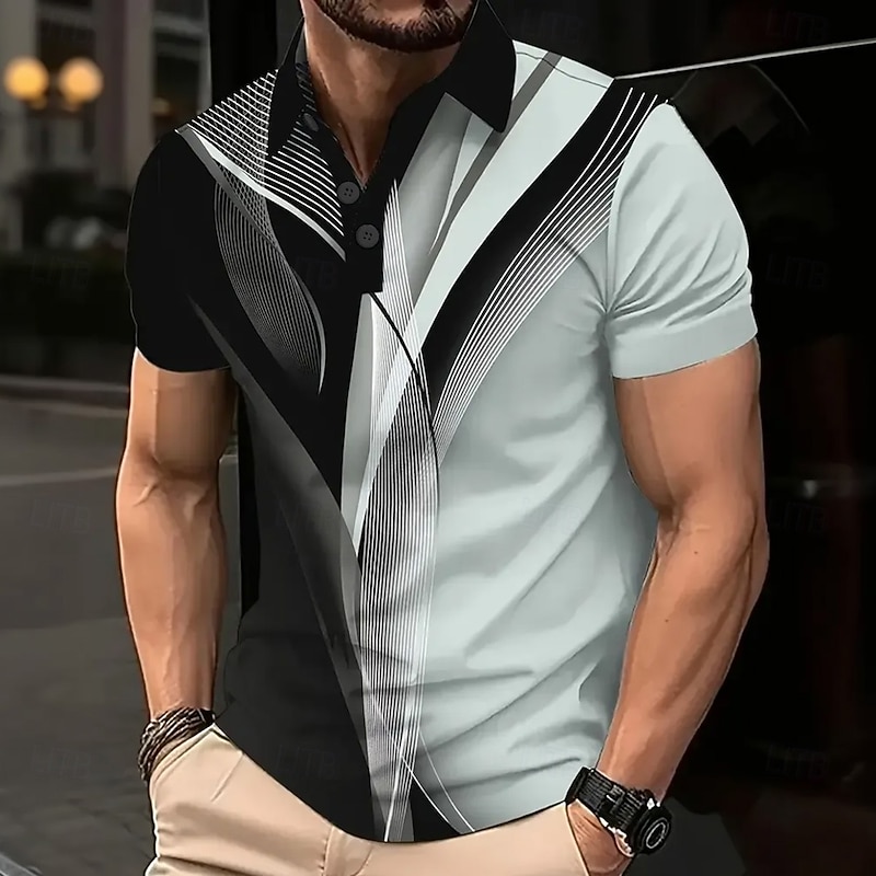 Men's Geometric Line Polo Short Sleeve Polo Shirts Collared Shirts Business Casual School Outdoor Daily Wear 3D Print Summer White Blue Purple