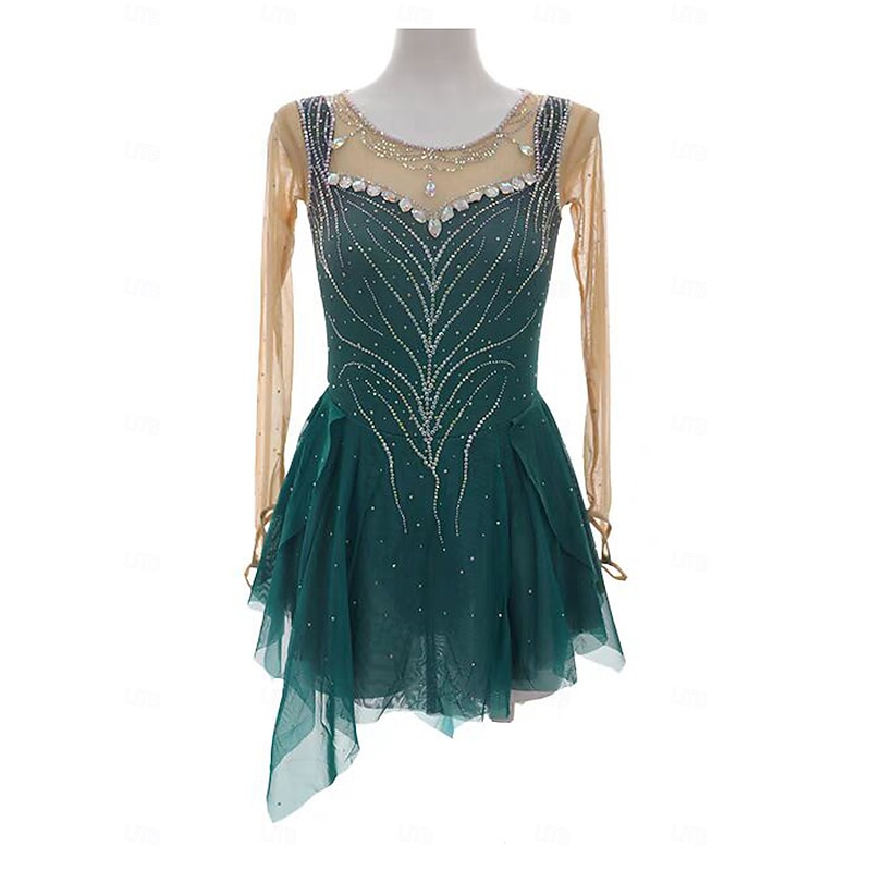 Figure Skating Dress Women's Girls' Ice Skating Dress Dark Green Patchwork Thumbhole Mesh Spandex Stretchy Training Practice Professional Skating Wear Thermal Warm Crystal / Rhinestone Long Sleeve2
