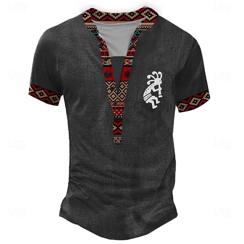 Men's Ethic / African T Shirt Henley Shirt Tee Short Sleeve Designer Basic Ethnic Outdoor Casual Daily Summer Black Light Green Light Blue Khaki Henley Henley T-Shirt3