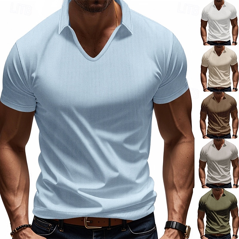 Men's Golf Shirt Pique Polo Shirt Business Casual Lapel Short Sleeve Fashion Basic Solid Color Textured Buttons Summer Spring &  Fall Regular Fit Dark Brown White Light Grey Green Khaki Light Blue