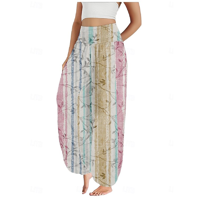 Women's Linen-Inspired Pants Wide Leg Pants Trousers Ethnic Style Casual Boho Full Length High Waist Floral Pocket Elastic Waist Printing Breathability Soft Micro-elastic Outdoor Yoga Pink Royal Blue