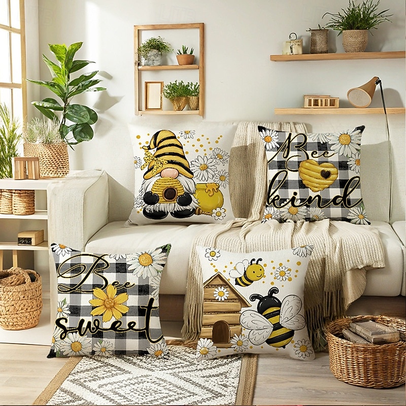 Summer Bee Floral Decorative Toss Pillows Cover 4PC Soft Square Couch Cushion Case Pillowcase for Bedroom Livingroom Sofa Chair