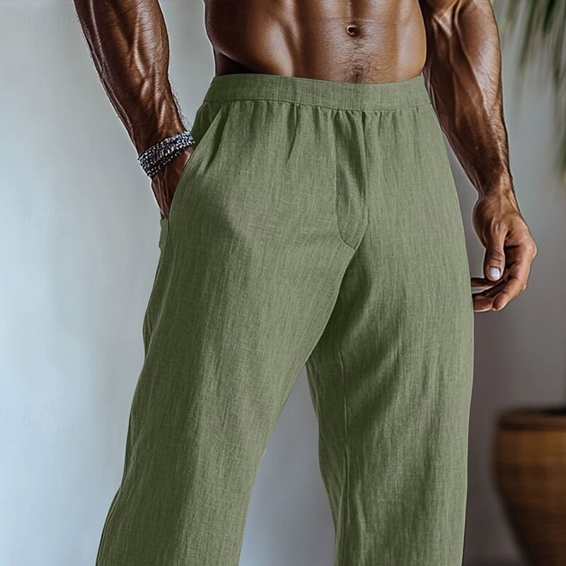 Men's Linen Pants Trousers Summer Pants Baggy Pants Elastic Waist Straight Leg Plain Comfort Breathable Full Length Home Yoga Daily Fashion Classic Style Black Light Green2