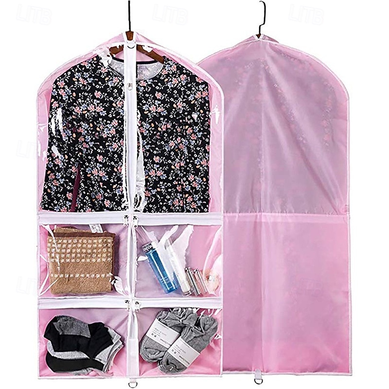 Kids Garment Bag with 3 Zipper Pockets, Transparent PVC Suit Cover with Polyester Backing, Dustproof Hanging Storage Bag for Dresses, Costumes, Travel, Competitions