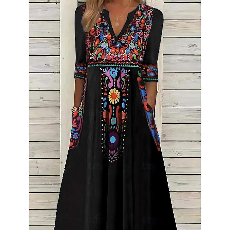Women's Midi Dress Long Sleeve Boho Dress A Line Dress Boho Dress Stylish Casual Vacation Casual Daily Regular Fit Graphic Long Sleeve V Neck Black Wine Navy Blue Summer Spring Fall