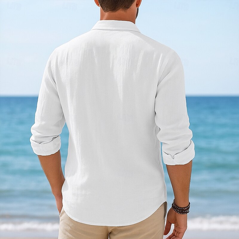 Men's Shirt Linen Shirt Summer Shirt Beach Wear Button Up Shirt Untucked Shirts Plain Vacation Casual Black White Pink Navy Blue Long Sleeve Turndown Summer Spring & Summer Clothing Apparel2