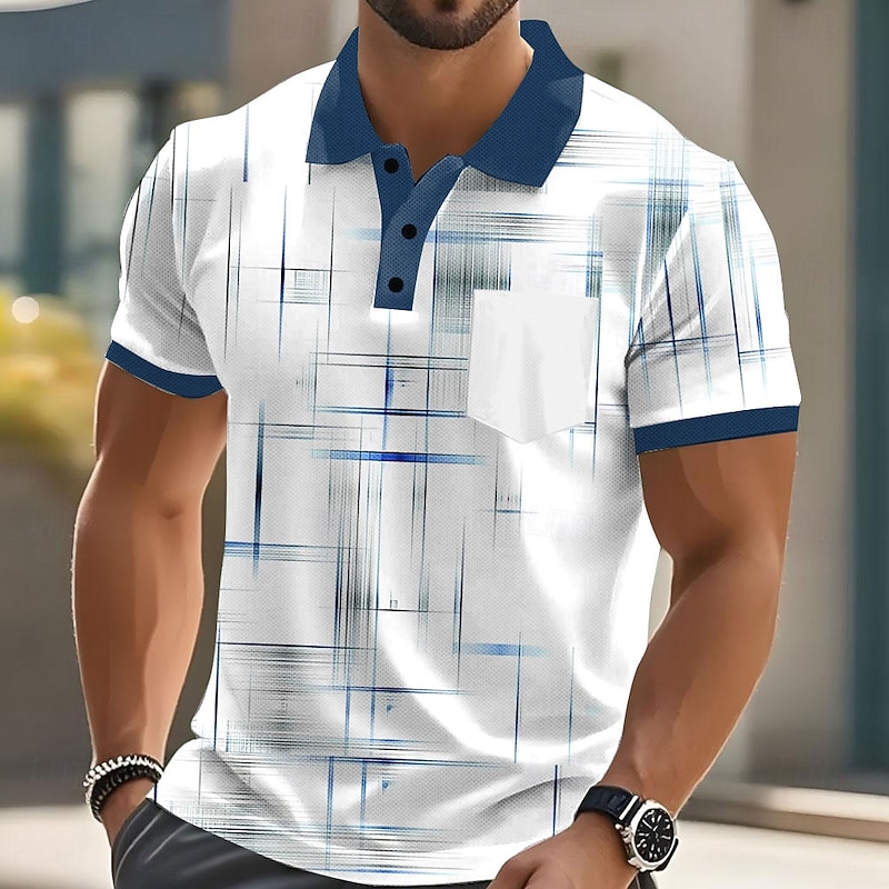 Men's Geometic Line Polo Short Sleeve Polo Shirts Collared Shirts Business Casual Outdoor Athleisure Daily Wear Pocket 3D Print Buttons Summer Black Blue Purple