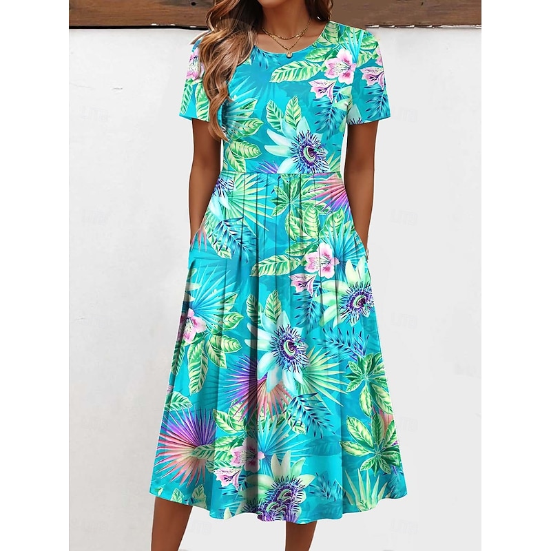 Women's Midi Dress T Shirt Dress Tee Dress Vacation Casual Daily Regular Fit Floral Graphic Short Sleeve Crew Neck Light Green Pink Green Beige Summer3