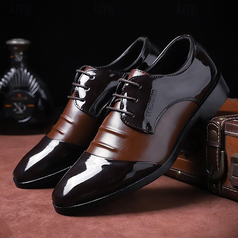 Men's Black and Brown Patent Leather Oxford Shoes – Elegant Banquet and Prom Dress Shoes for Formal Events2