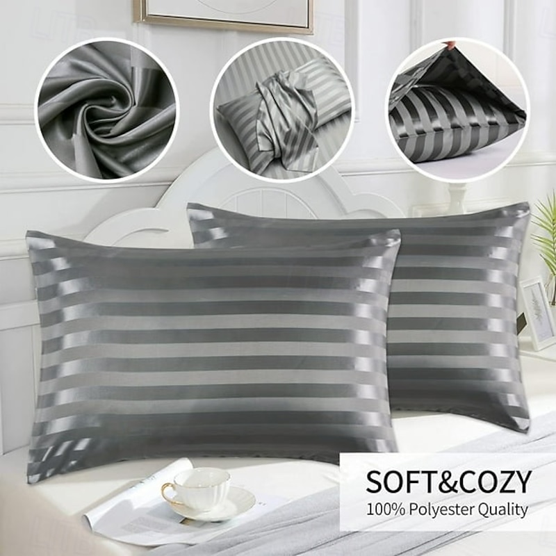 Satin Pillowcase for Hair and Skin 2 Pack Silky Satin Pillow Cases with Strip Pattern No Zipper Pillow Covers with Envelope Closure Suit3