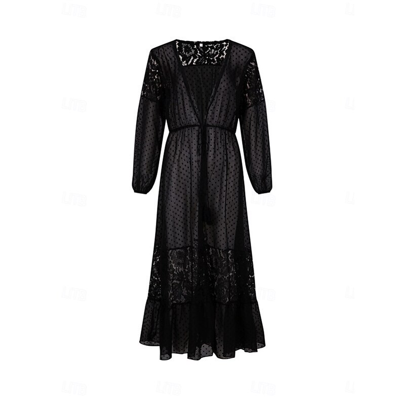 Women's Swimsuits Cover Up Swimsuit Lace Patchwork Vacation Beach Wear Solid Color V Neck Long Sleeve Bathing Suits4