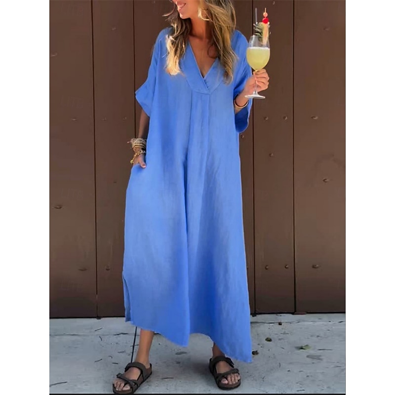 Women's Long Dress Maxi Dress Casual Dress Cotton Linen Dress Summer Dress Basic Modern Daily Weekend Regular Fit Plain 3/4 Length Sleeve V Neck Royal Blue Summer