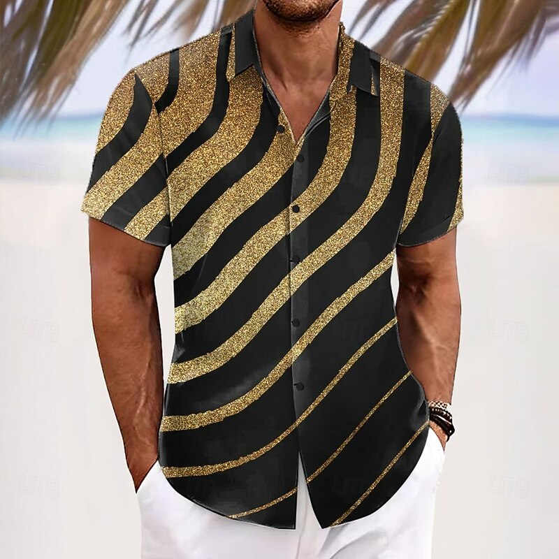 Men's Geometric Stripes Glittery Shirt Summer Shirt Button Up Shirt Short Sleeve Fashion Casual Outdoor Vacation Dailywear Summer Spring Turndown 3D Print Collared Shirts Blue Purple Gold Green