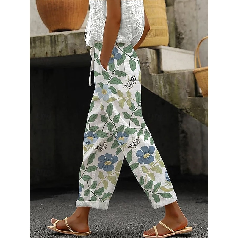 Women's Cotton Linen Pants Baggy Pants Linen Like Beach Shorts Vacation Vintage Fashion Ankle-Length High Waist Floral Graphic Leaf Printing Breathable Soft Micro-elastic Outdoor Vacation Causal