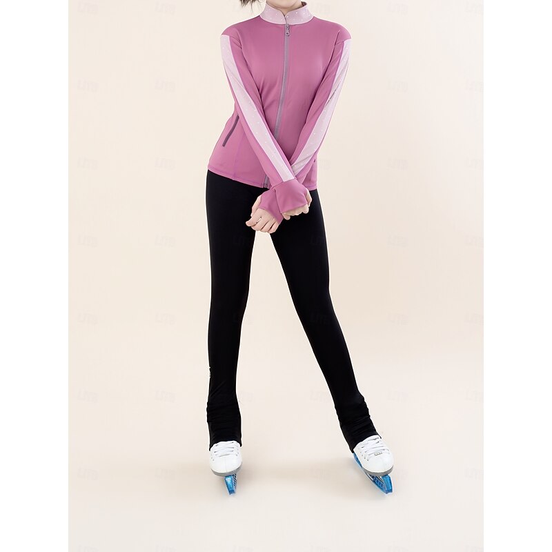 Over The Boot Figure Skating Tights Figure Skating Fleece Jacket Figure Skating Pants Women's Girls' Ice Skating Jacket Tights Top Dark Pink Patchwork Thumbhole Spandex Stretchy Training Practice