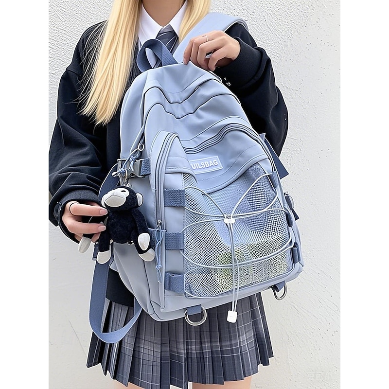 Unisex School Backpack with Monkey Keychain – Durable Red Travel Bookbag with Mesh Front Pocket and Bungee Cord for Teens and Students2