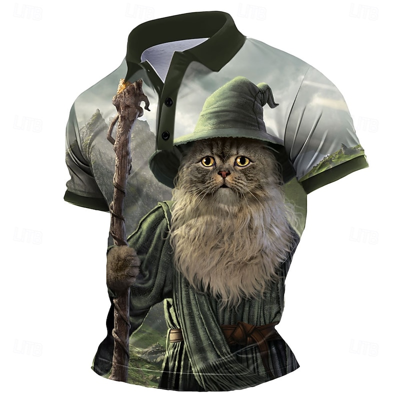 Men's Cat Polo Short Sleeve Polo Shirts Collared Shirts Casual School Outdoor Daily Wear 3D Print Summer Green