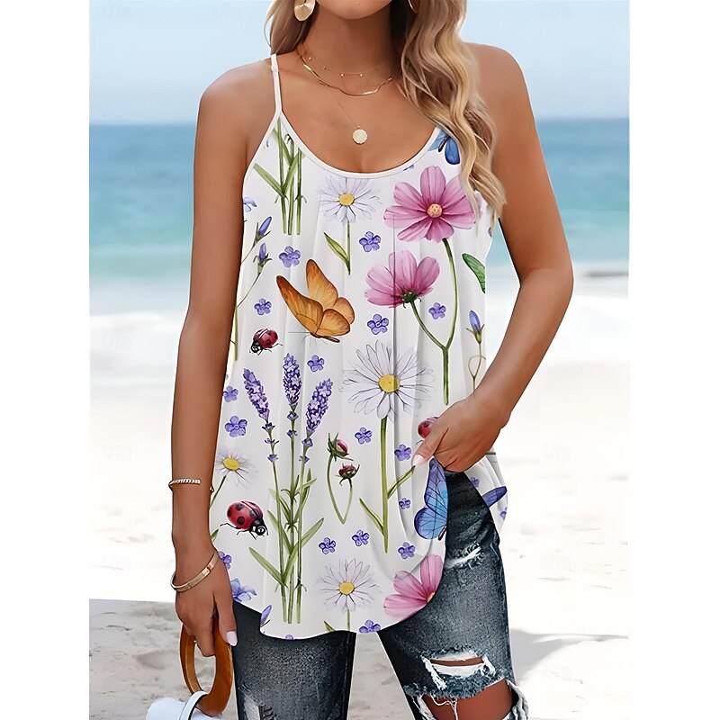 Women's Blouse Floral Graphic Bohemia Vintage Tropical Sleeveless Strap Regular Tops Daily Print Backless White Pink Purple Summer Spring2