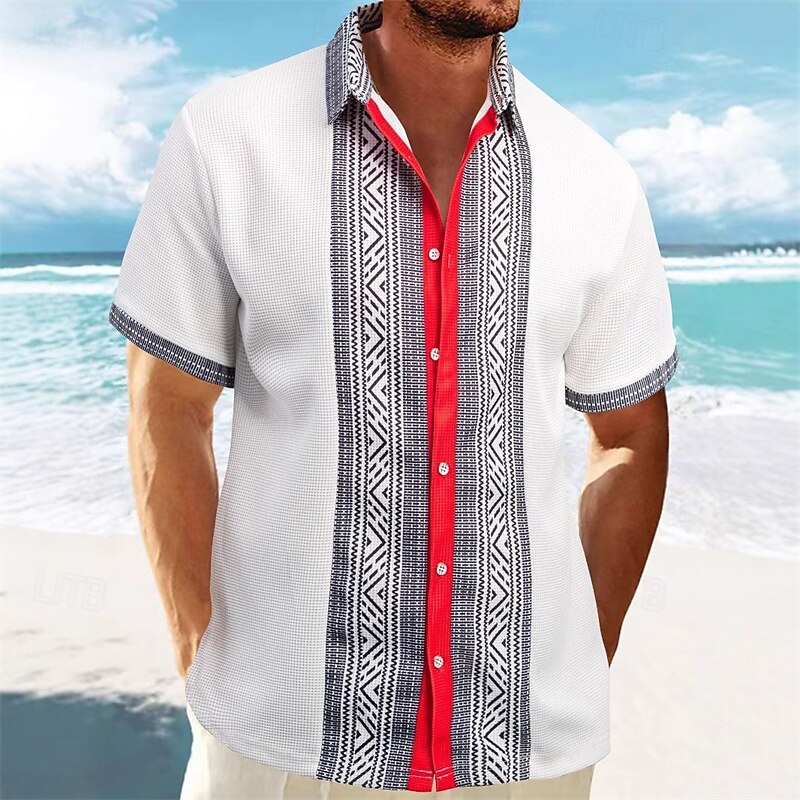 Men's Shirt Waffle Shirt Summer Shirt Casual Shirt Beach Shirt Button Up Shirt Black White Wine Green khaki Short Sleeve Geometric Lapel Vacation Daily Patchwork Clothing Apparel Fashion Casual
