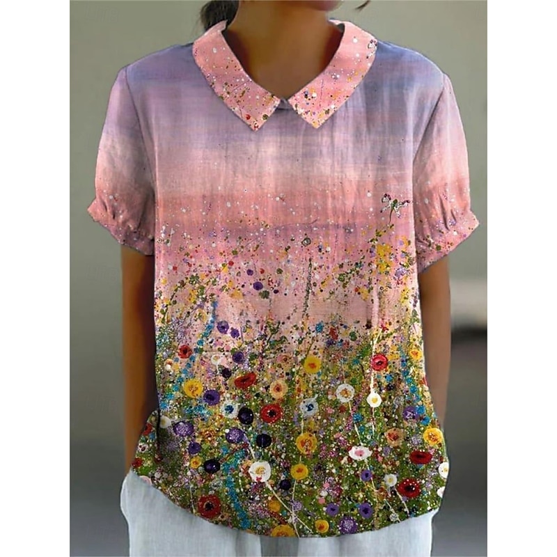 Women's Shirt Floral Stylish Modern Short Sleeve Shirt Collar Regular Tops Daily Holiday Print Black White Pink Blue Summer2