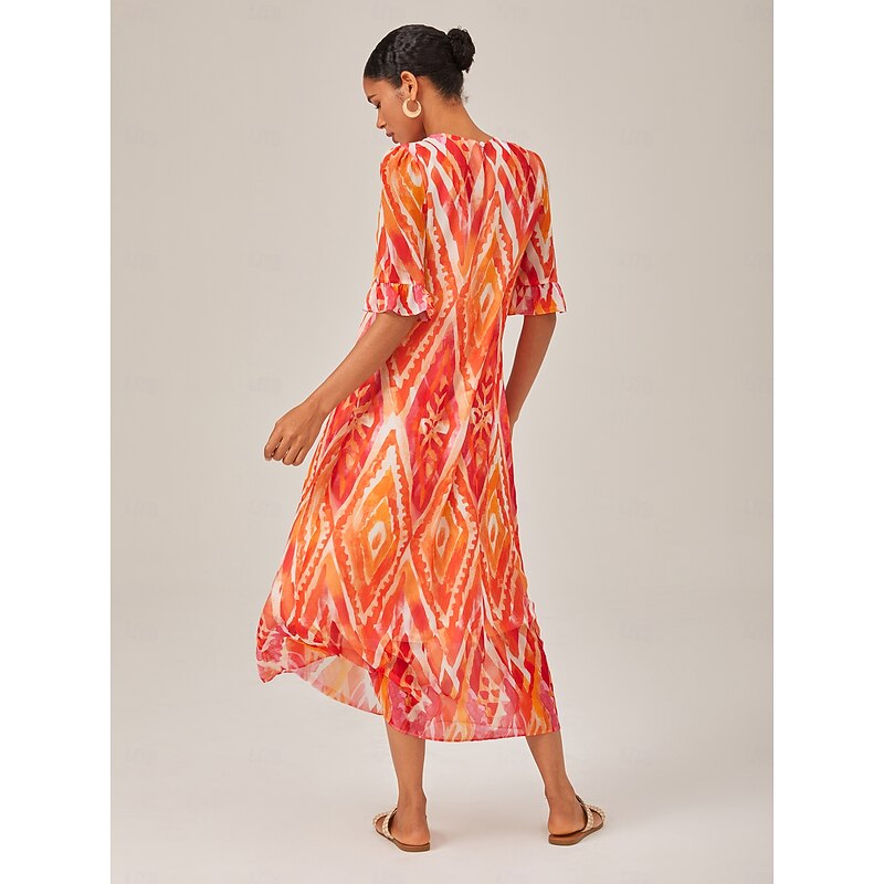 Chiffon Ethnic Print V Neck Midi Dress3