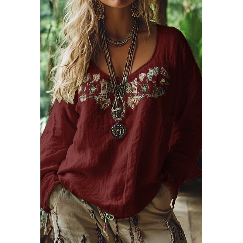 Women's Western Blouse Boho Shirt Blouse Flower Modern Casual Boho Long Sleeve V Neck Regular Tops Holiday Going out Print Black Wine Blue Apricot Summer4