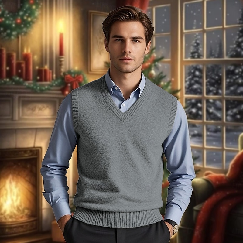 Men's Sweater Vest Pullover Sweater Jumper Dress Sweater Vest Knit Sweater Ribbed Knit Regular Knitted Plain V Neck Fashion Casual Daily Wear Date Clothing Apparel Fall & Winter Black Dark Navy S M L3