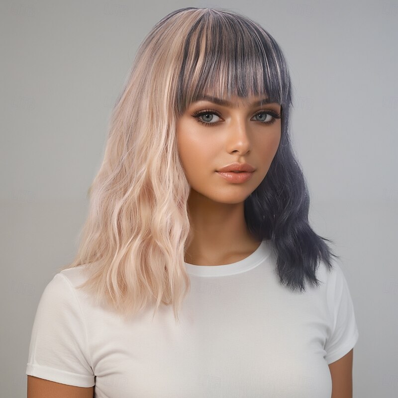 Synthetic Wig Wavy Bouncy Curl Asymmetrical Neat Bang Machine Made Wig 16 inch A1 Synthetic Hair Women's Elastic Comfortable Color Gradient Multi-color