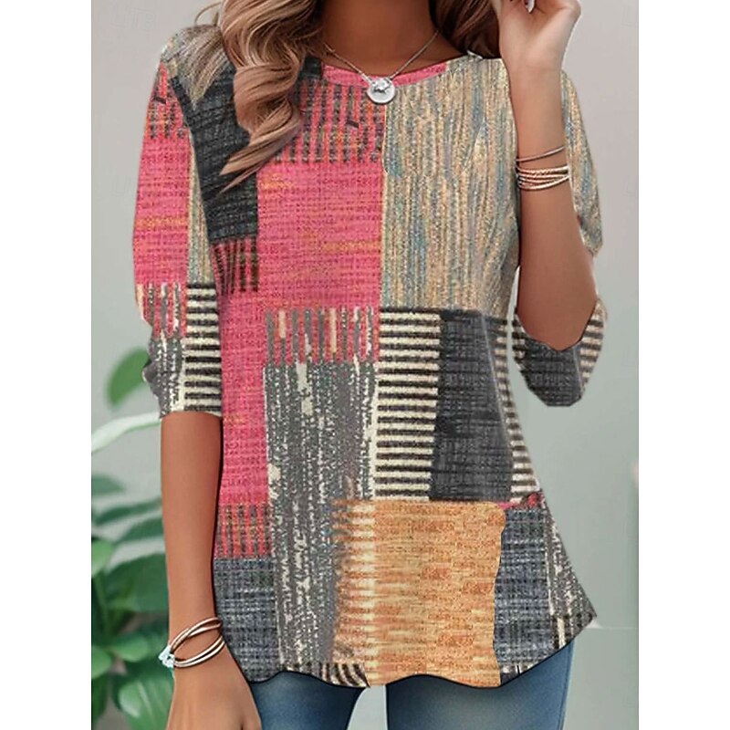 Women's T shirt Long Sleeve Crew Neck Long Sleeve Tunic Graphic Geometric Plaid Casual Round Neck Regular Tops Daily Print Pink Purple Green Spring Fall Prefall