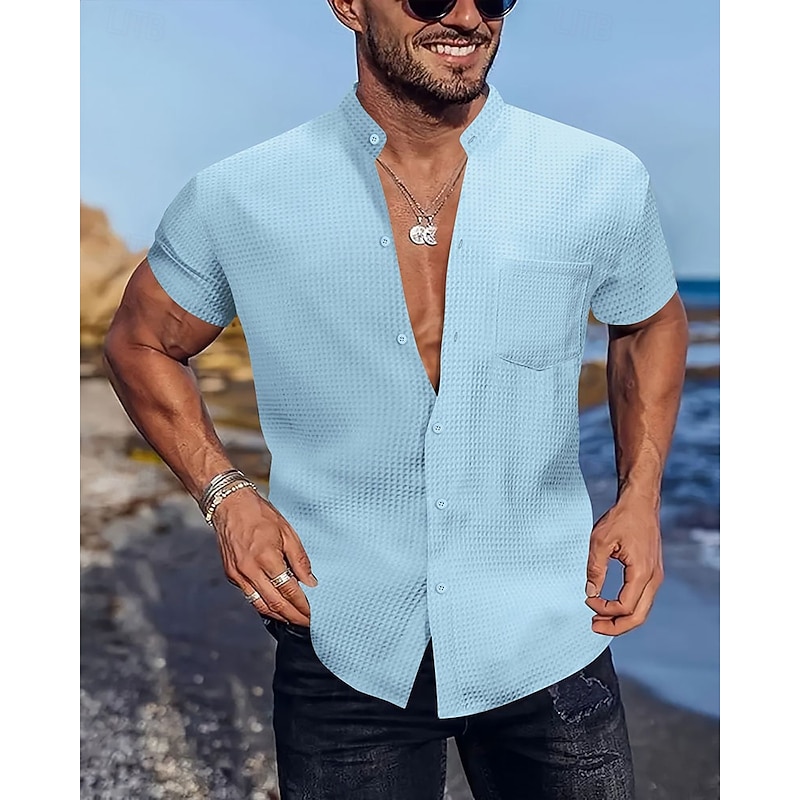Men's Shirt Summer Shirt Casual Shirt Beach Shirt Button Up Shirt Black White Dark Navy Sky Blue khaki Short Sleeve Plain Grandad Collar Henley Vacation Hawaiian Clothing Apparel Polyester Fashion3