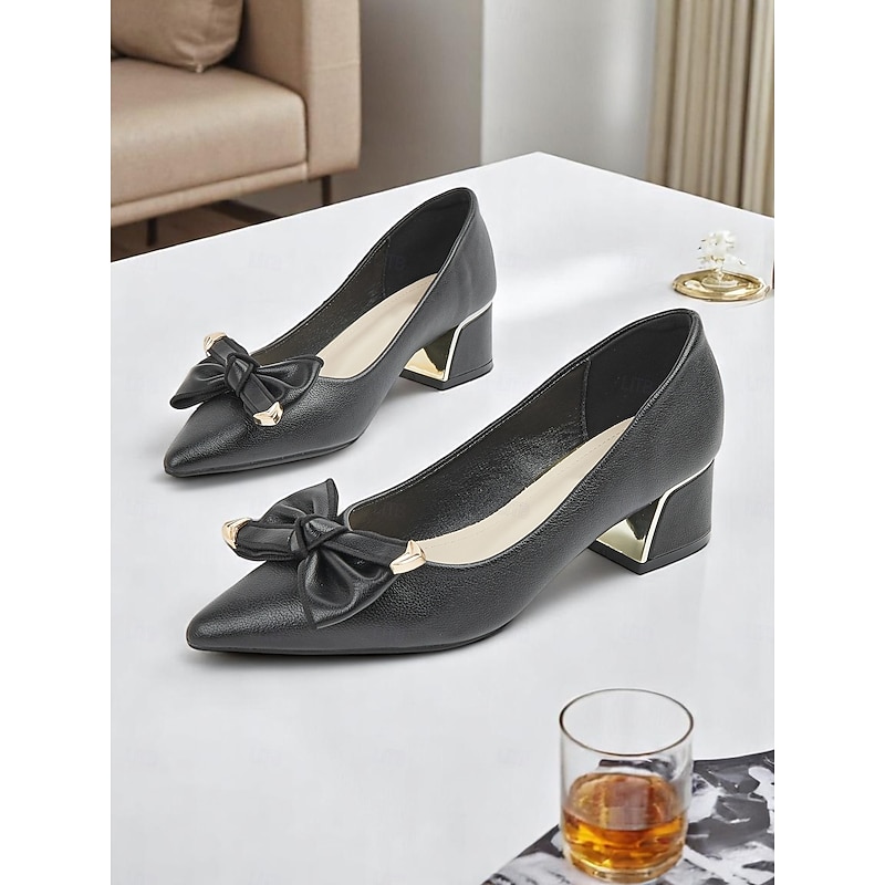 Women's Black Pointed-toe Chunky Heel Pumps with Bowknot & Metal Decor – Elegant Office Style for Professional Ladies in Business Occasions2