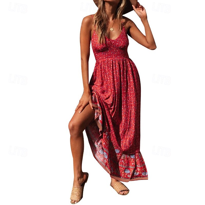 Women's Midi Dress Floral Dress Slip Dress Print Dress Classic Modern Vacation Daily Going out Regular Fit Flower Sleeveless Spaghetti Strap Light Yellow Black Red Summer4