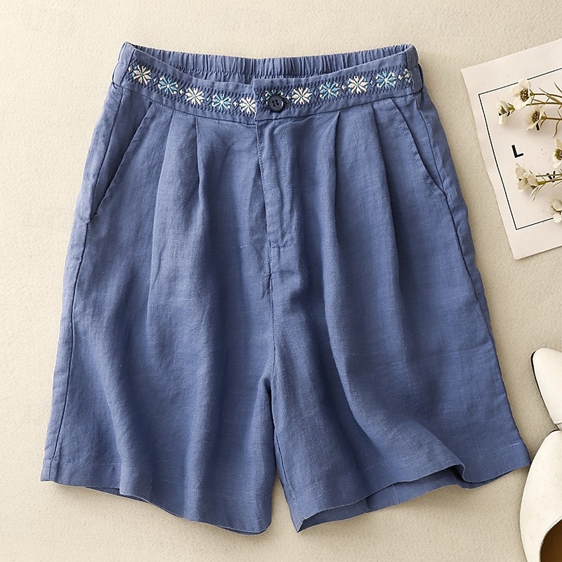 Women's Cotton Linen Shorts Shorts Slacks Casual Short Natural Flower Pocket Printing Comfy Comfortable Street Going out Sapphire Blue Dark Navy Purple Orange Summer Regular Fit