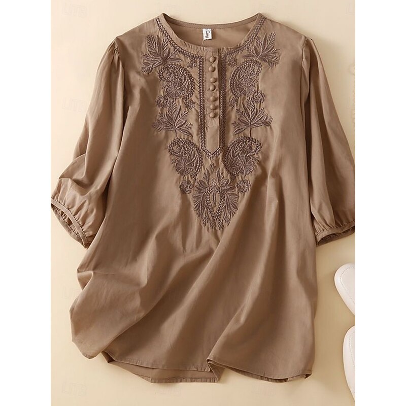 Women's Shirt Floral Basic Casual Half Sleeve Crew Neck Regular Tops Daily Ruched Embroidered Buttons White Yellow Blue Khaki Summer2