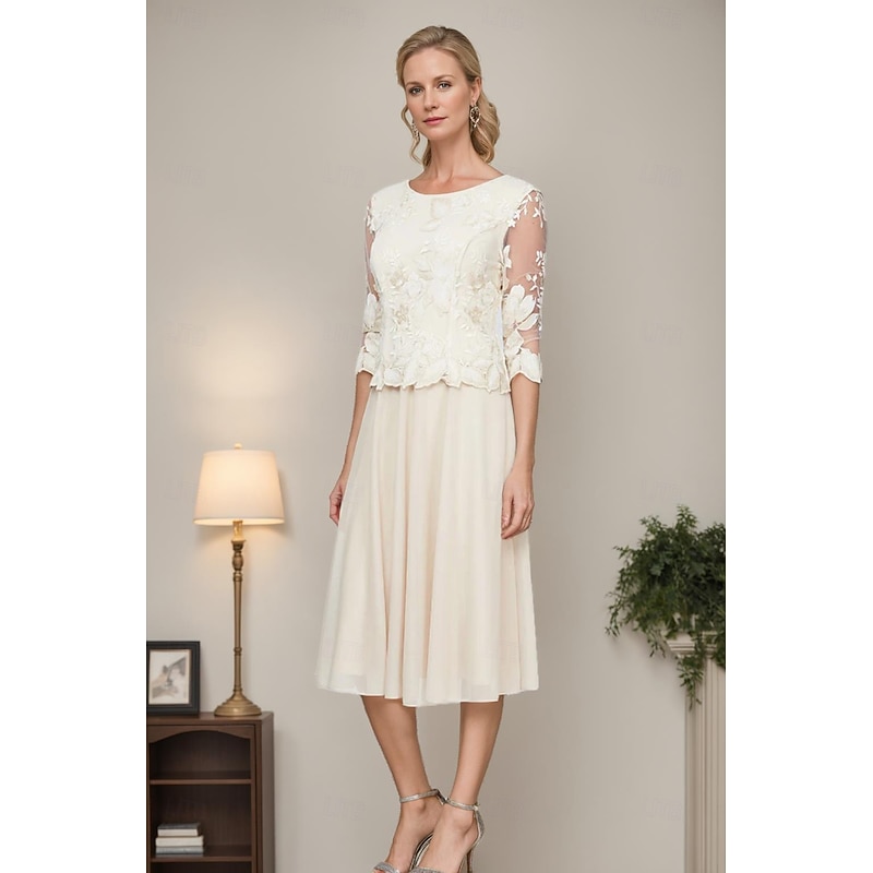 A-Line Mother of the Bride Dress Elegant Simple Minimalist Crew Neck Tea Length Chiffon Lace Half Sleeve with Floral Lace Appliques