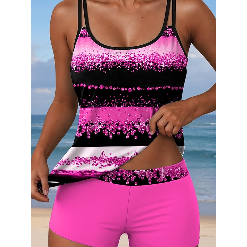 Women's Swimsuits Tankini 2 Piece Shorts Swimsuit Backless Vacation Beach Wear Graphic Geometric U Neck Sleeveless Bathing Suits3