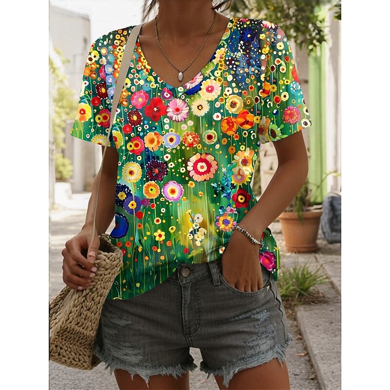 Women's T Shirt Floral Graphic Plants Vintage Tropical Hawaiian Short Sleeve V Neck Regular Tops Daily Print Pink Royal Blue Blue Green Summer Spring3