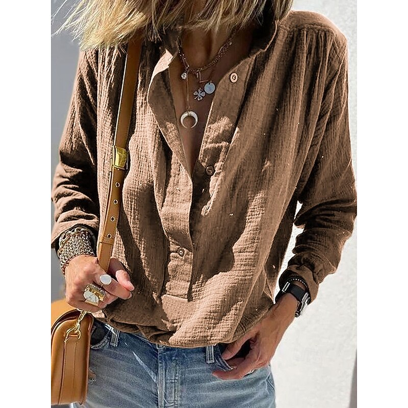 Women's Shirt Blouse Plain Casual Long Sleeve Shirt Collar Regular Tops Daily Ruched Buttons Black Wine Blue Green Khaki Summer Spring Fall3