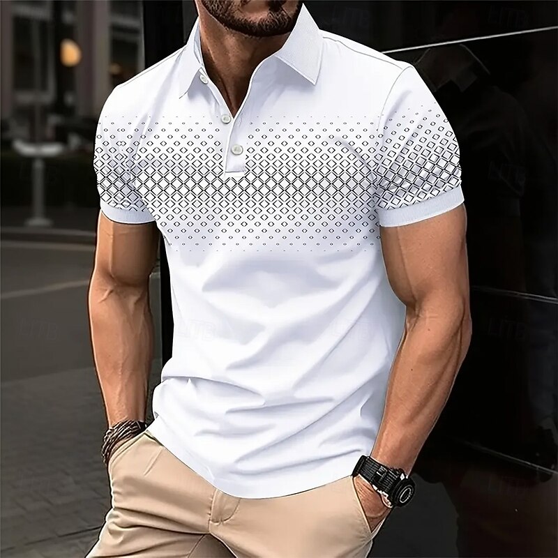 Men's Geometric Polo Short Sleeve Polo Shirts Collared Shirts Business Casual School Outdoor Athleisure Daily Wear 3D Print Summer Dark Brown White Navy Blue