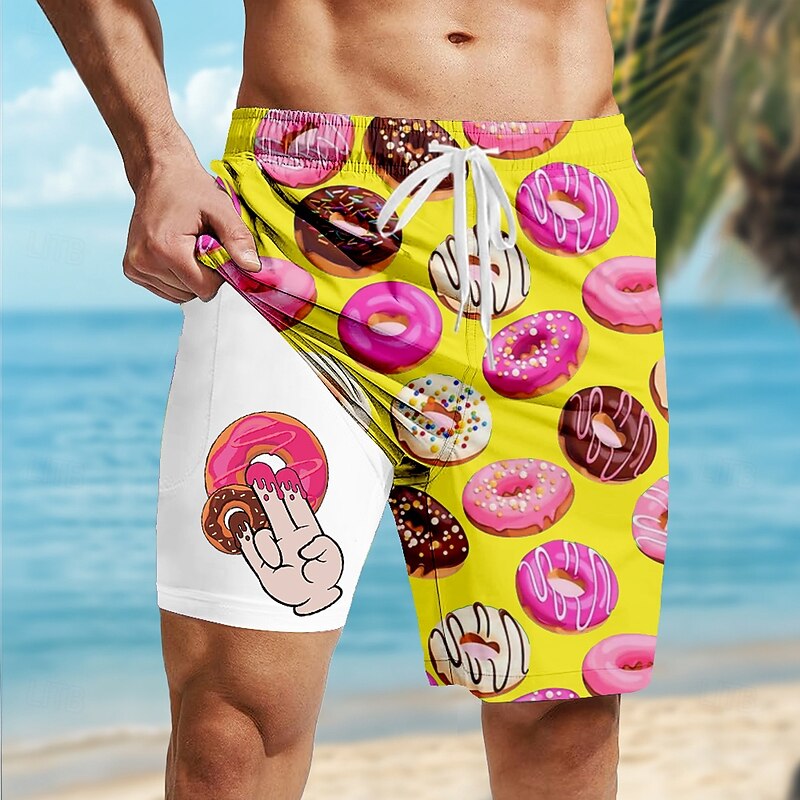 Men's Funny Donuts Lined Shorts 2 in 1 Board Shorts Swim Shorts Mid Waist Hawaiian Vacation Holiday Beach Wear Side Pockets With Compression Liner Elastic Drawstring Waist Designer Clothing Apparel4