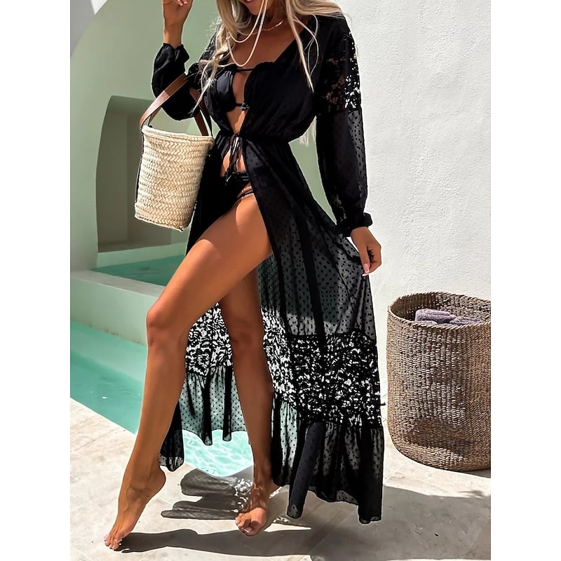 Women's Swimsuits Cover Up Swimsuit Lace Patchwork Vacation Beach Wear Solid Color V Neck Long Sleeve Bathing Suits2