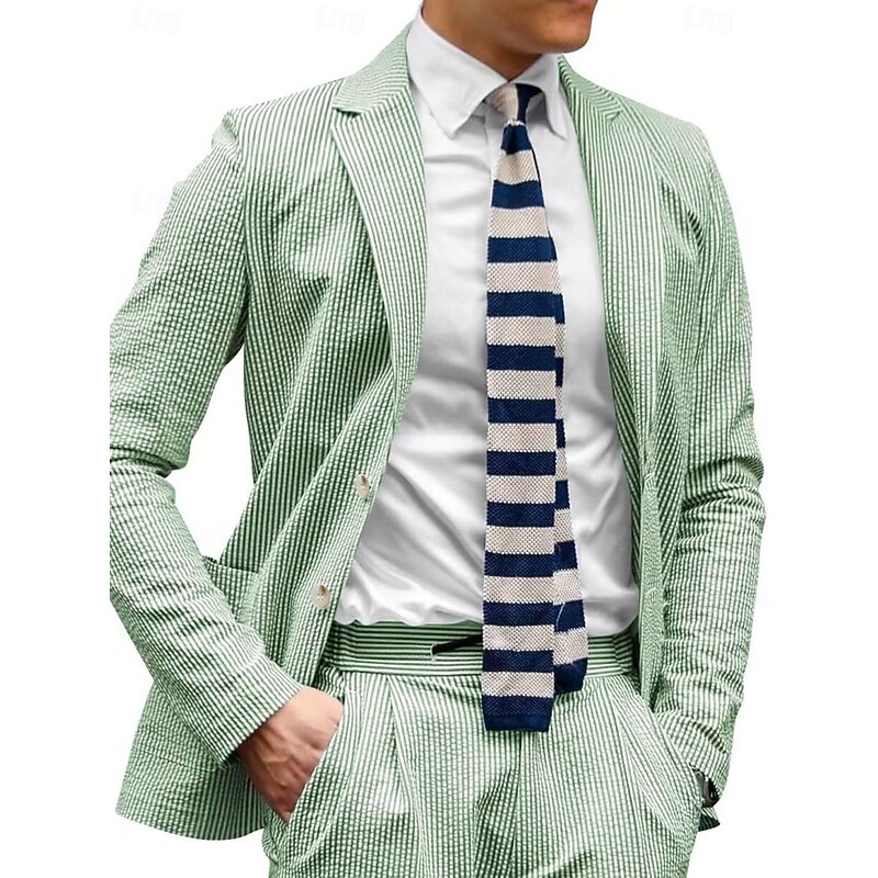 Men's Party Casual Suits Notch Lapel Black Sky Blue Daily Lightweight Striped Standard Fit 2 Piece Single Breasted Two-buttons2