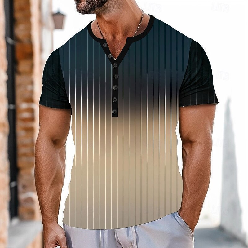 Men's Gradient Striped T Shirt Henley Shirt Short Sleeve Sports Fashion Designer Outdoor Street Casual Summer Blue khaki Henley Henley T-Shirt