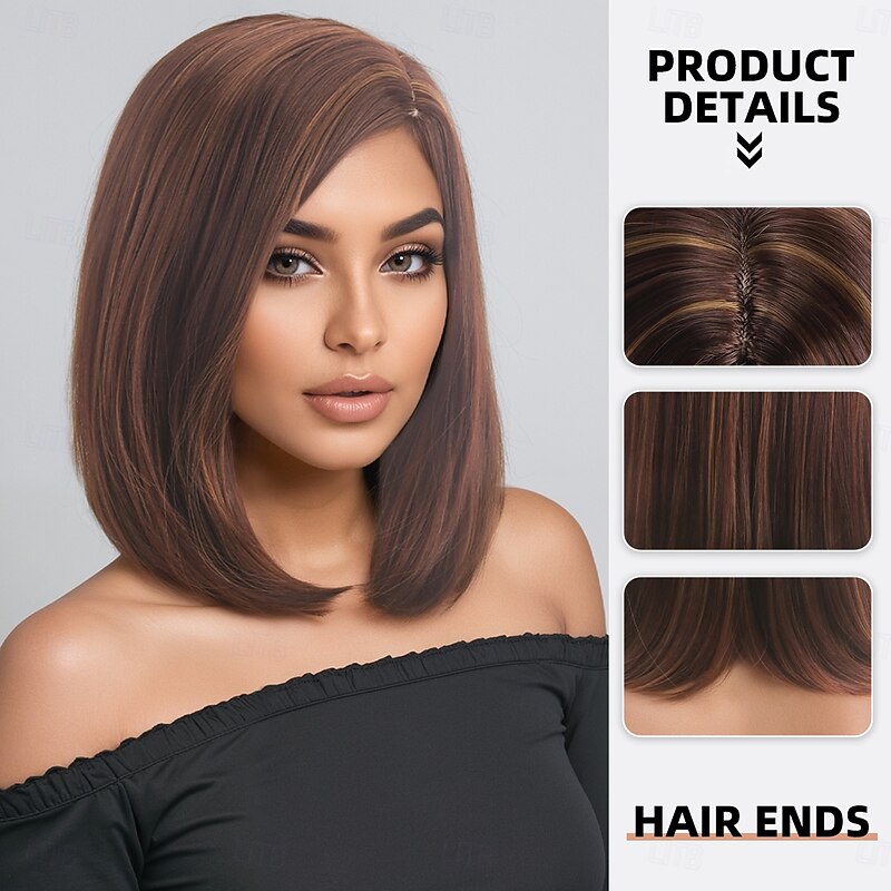 Synthetic Wig kinky Straight Natural Straight Asymmetrical Deep Parting Machine Made Wig 14 inch A1 Synthetic Hair Women's Party Classic Comfortable Multi-color2