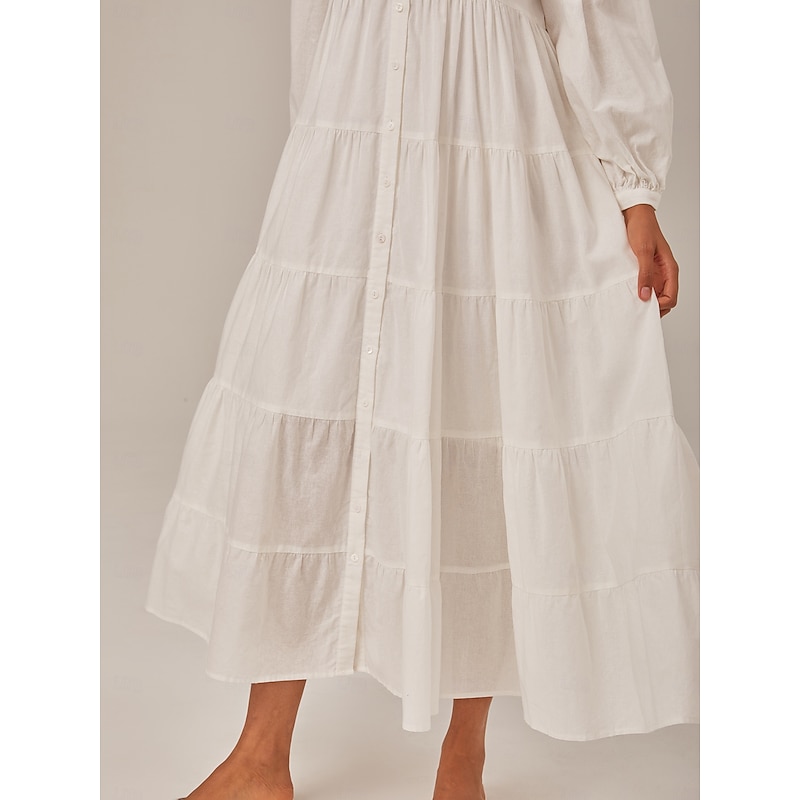 Women's Linen Cotton Blend White Dress Button V Neck Solid Color Boho Maxi Dress3