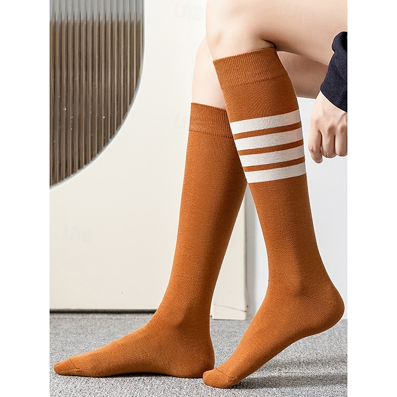 Women's Knee-High Asymmetrical Striped Socks - Sports Cotton Over-Calf School Uniform Socks for Students, Graduation, Cheerleading and Everyday Wear