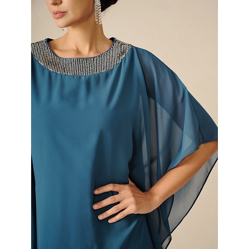 Women's Knee Length Dress Chiffon Dress Elegant Party Solid Color Half Sleeve Crew Neck Blue Summer Spring Fall2