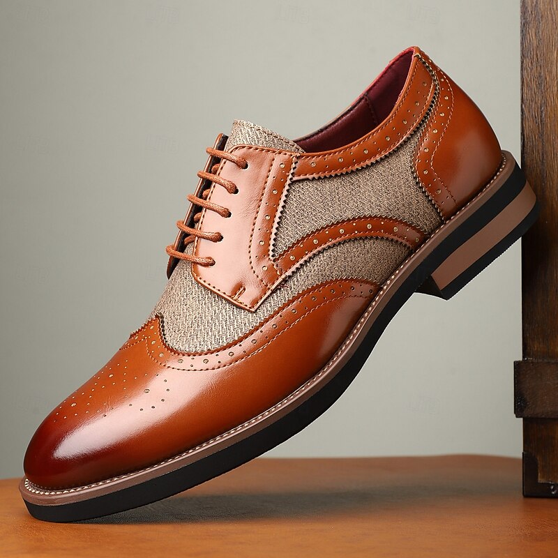 Men's Tan Faux Leather Brogue Derby Shoes – Sophisticated Prom Shoes for Elegant Celebrations